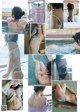 A collage of photos of a woman in a bikini.