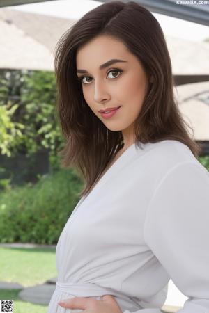 A woman in a white dress posing for a picture.