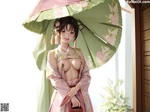 A woman in a pink kimono holding an umbrella.